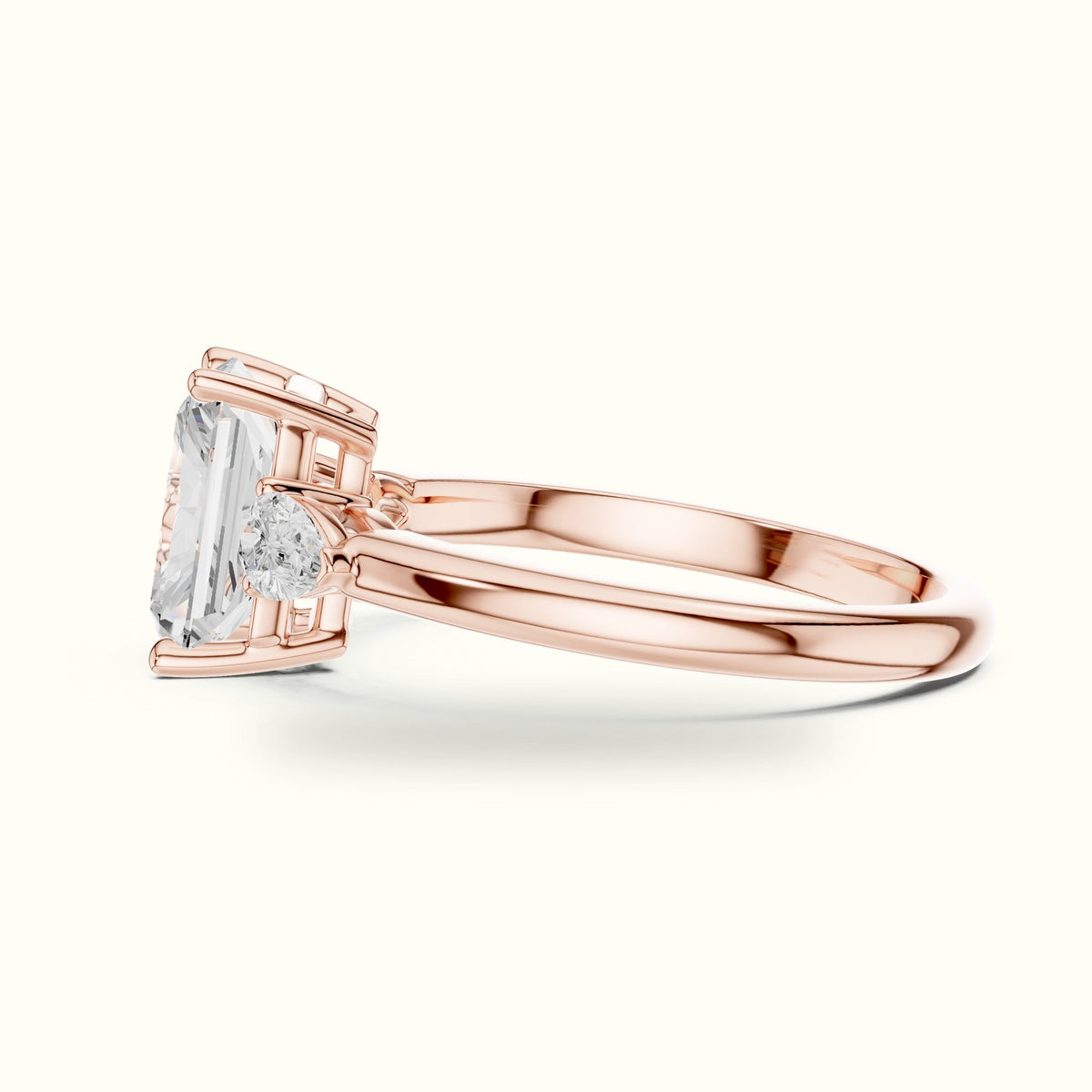 Radiant Basket Lab-Grown Diamond Three Stone Ring — Rose gold, view 3 | Crystal N Cuts
