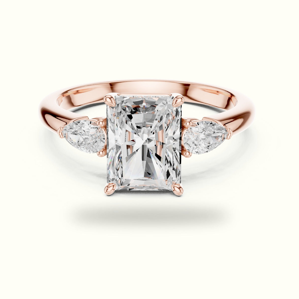 Radiant Basket Lab-Grown Diamond Three Stone Ring — Rose gold, front view | Crystal N Cuts