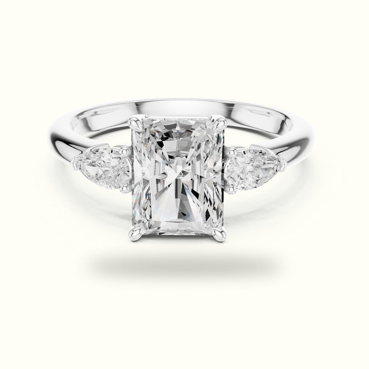 Radiant Basket Lab-Grown Diamond Three Stone Ring — White gold, front view | Crystal N Cuts