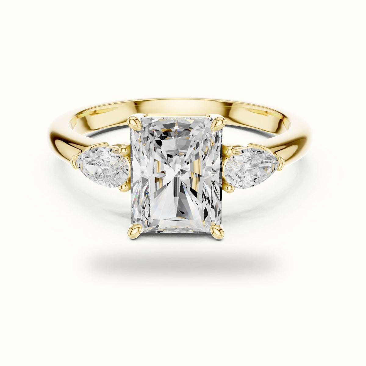 Radiant Basket Lab-Grown Diamond Three Stone Ring — Yellow gold, front view | Crystal N Cuts