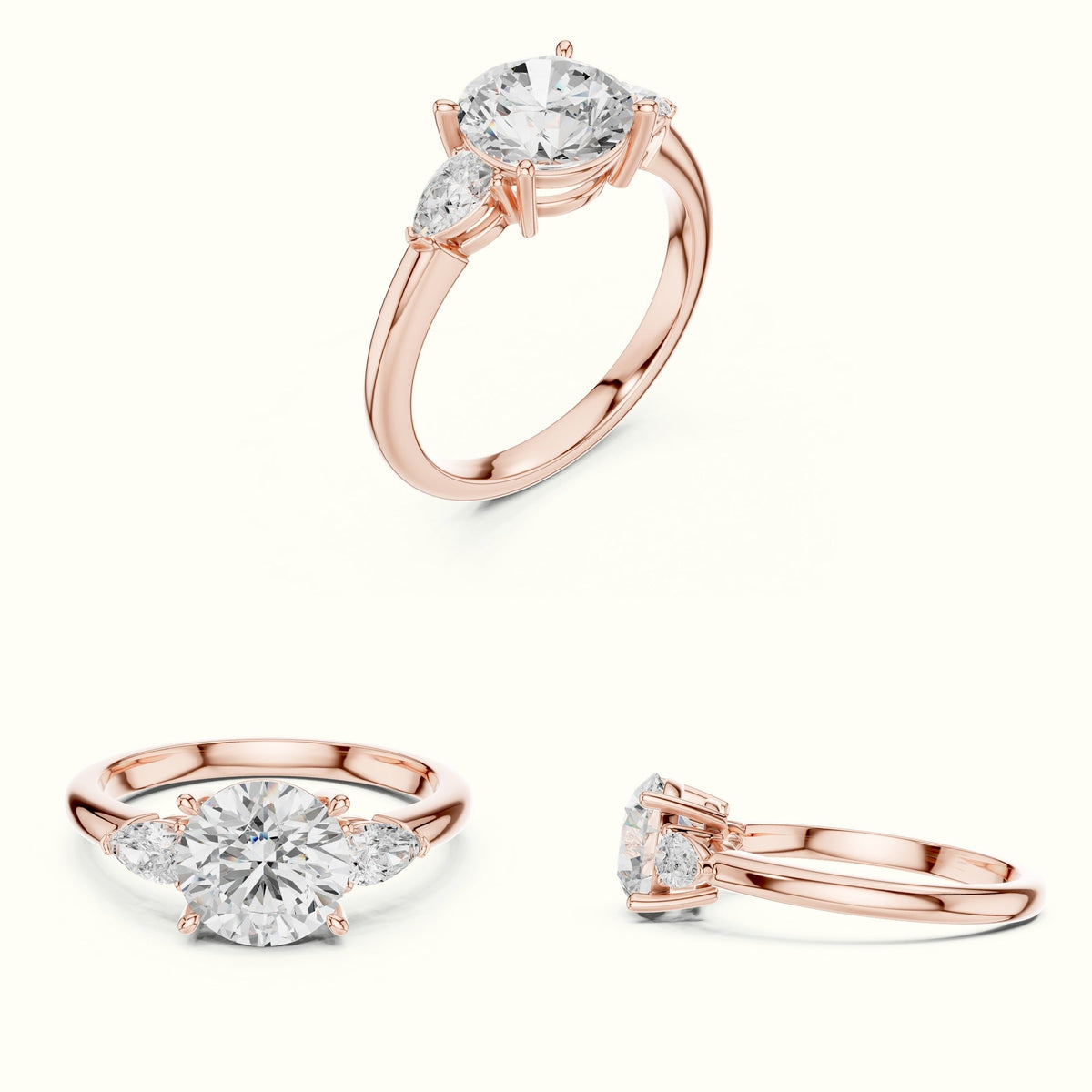 Round Three Stone Lab-Grown Diamond Ring — Rose gold, on the hand | Crystal N Cuts