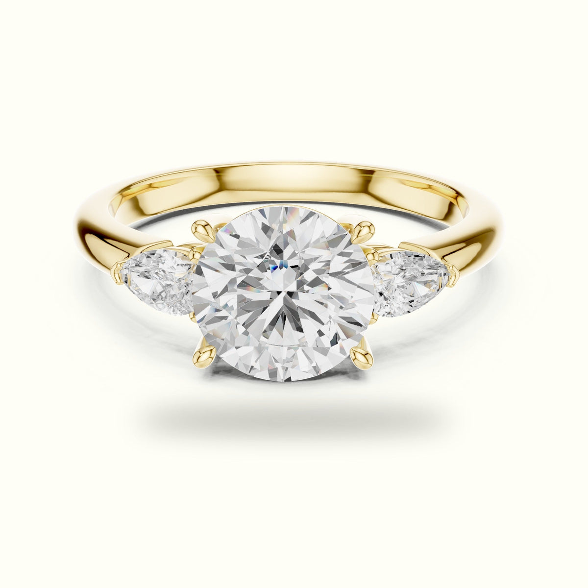 Round Three Stone Lab-Grown Diamond Ring — Yellow gold, front view | Crystal N Cuts