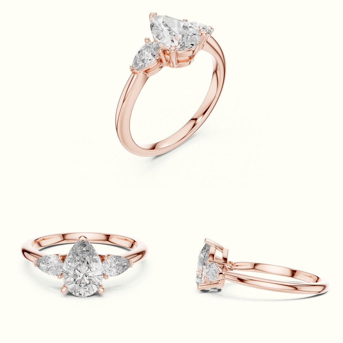 Pear Basket Lab-Grown Diamond Three Stone Ring — Rose gold, on the hand | Crystal N Cuts