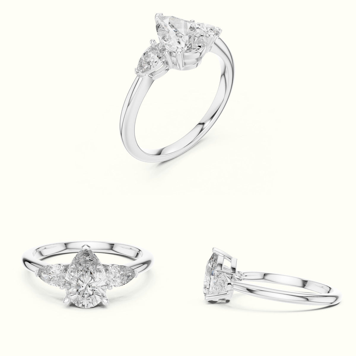 Pear Basket Lab-Grown Diamond Three Stone Ring — White gold, on the hand | Crystal N Cuts