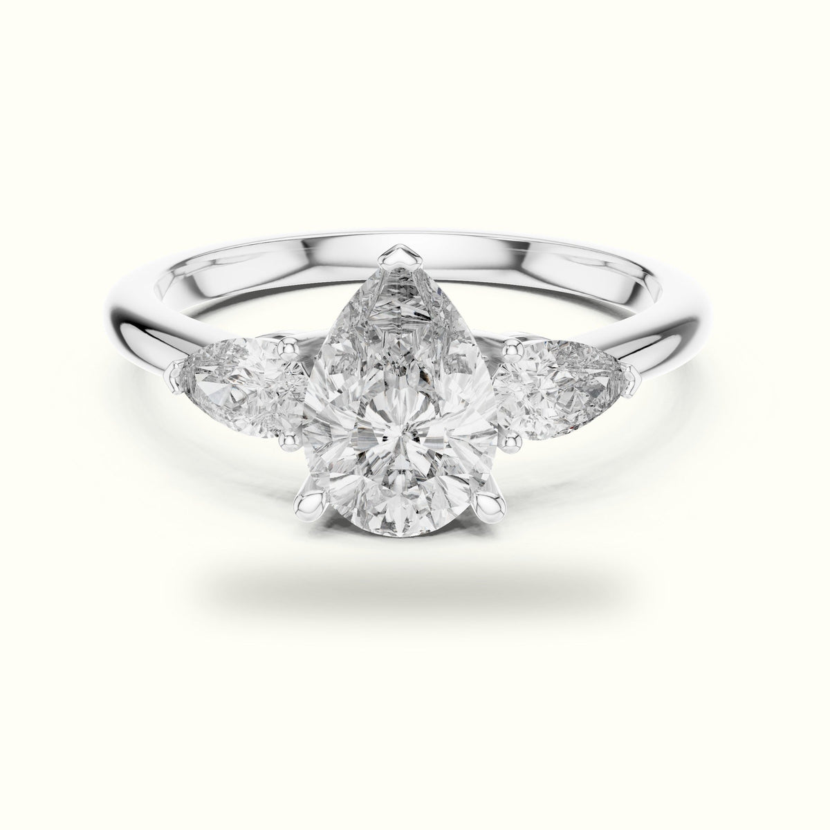 Pear Basket Lab-Grown Diamond Three Stone Ring — White gold, front view | Crystal N Cuts