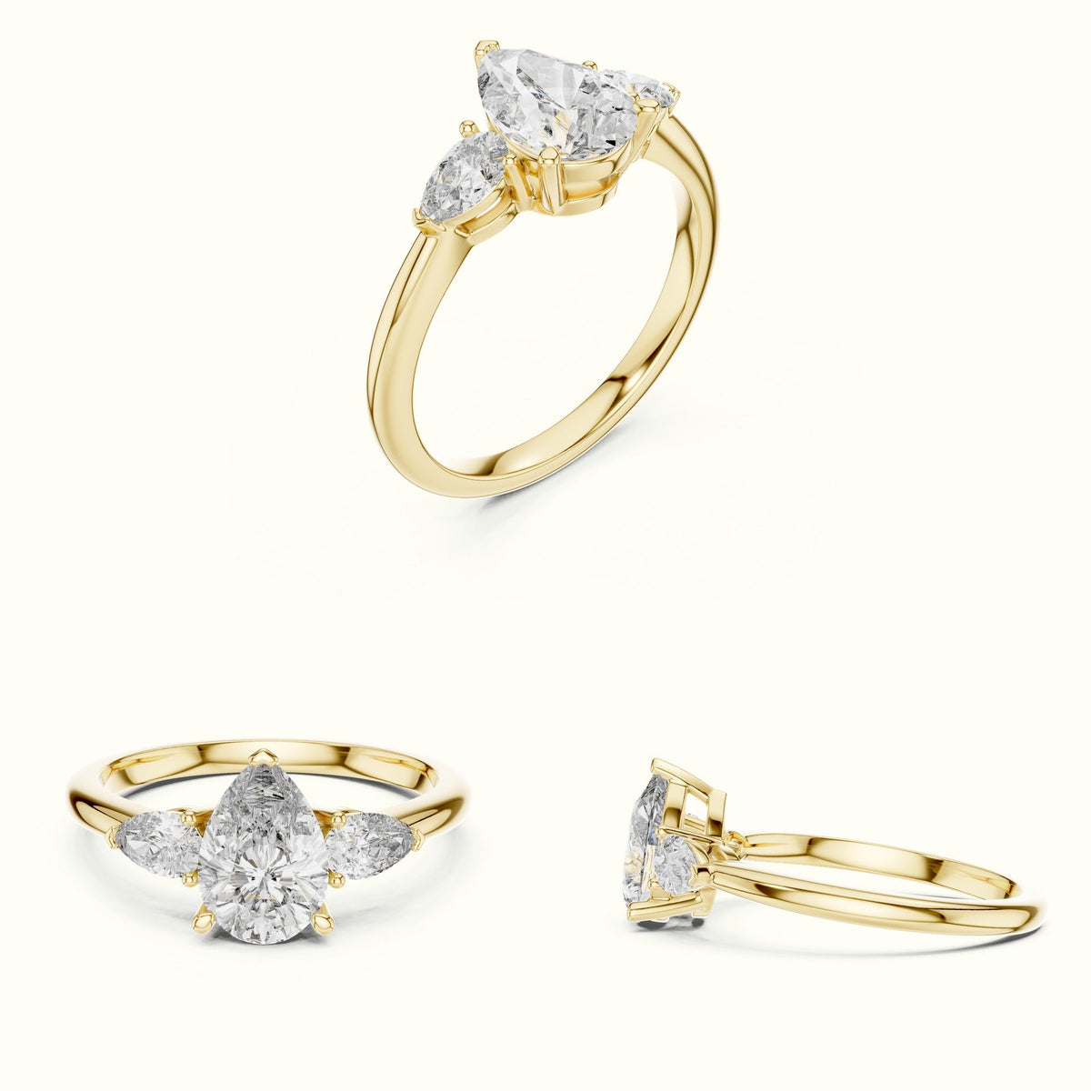 Pear Basket Lab-Grown Diamond Three Stone Ring — Yellow gold, on the hand | Crystal N Cuts