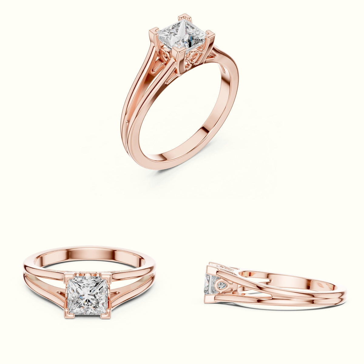 Vintage Princess Lab-Grown Diamond Solitaire Ring — Rose gold, on the hand | Crystal N Cuts