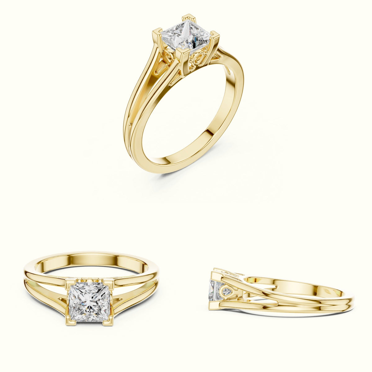 Vintage Princess Lab-Grown Diamond Solitaire Ring — Yellow gold, on the hand | Crystal N Cuts