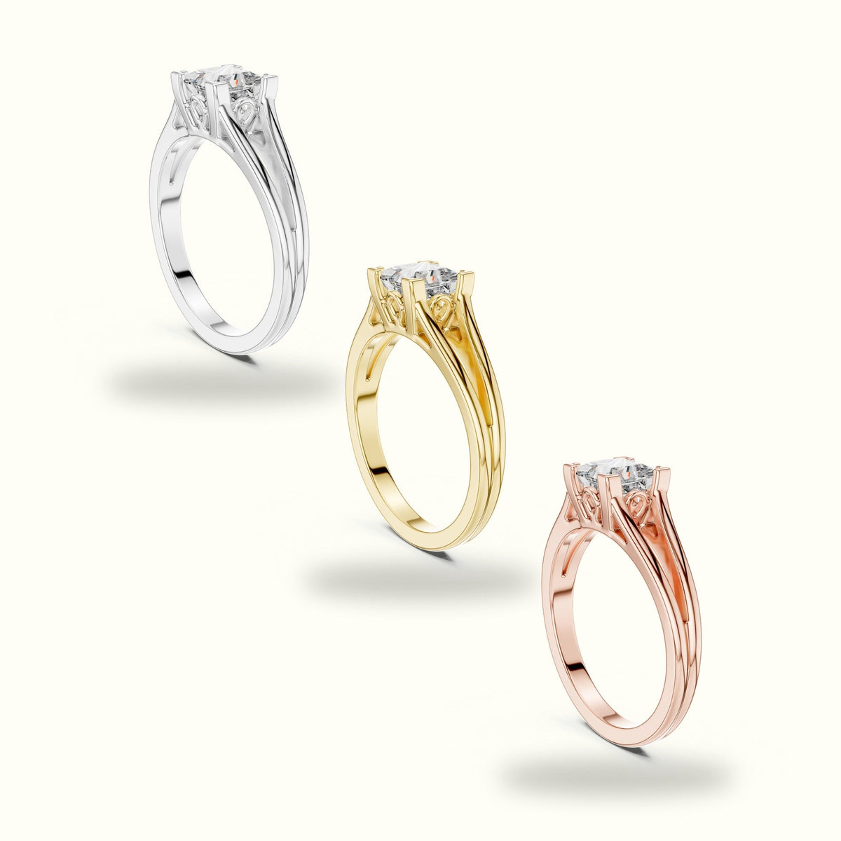 Vintage Princess Lab-Grown Diamond Solitaire Ring — Yellow gold, in yellow, white and rose gold | Crystal N Cuts