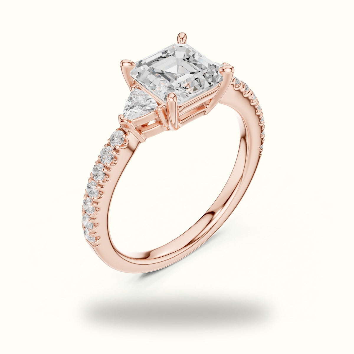 Asscher Cut Basket Lab-Grown Diamond Three Stone Ring — Rose gold, view 2 | Crystal N Cuts