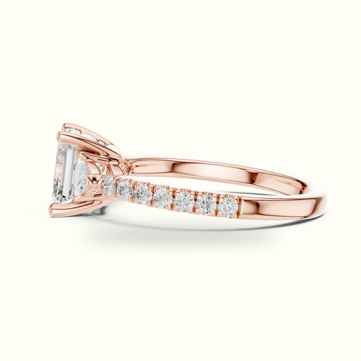 Asscher Cut Basket Lab-Grown Diamond Three Stone Ring — Rose gold, view 3 | Crystal N Cuts