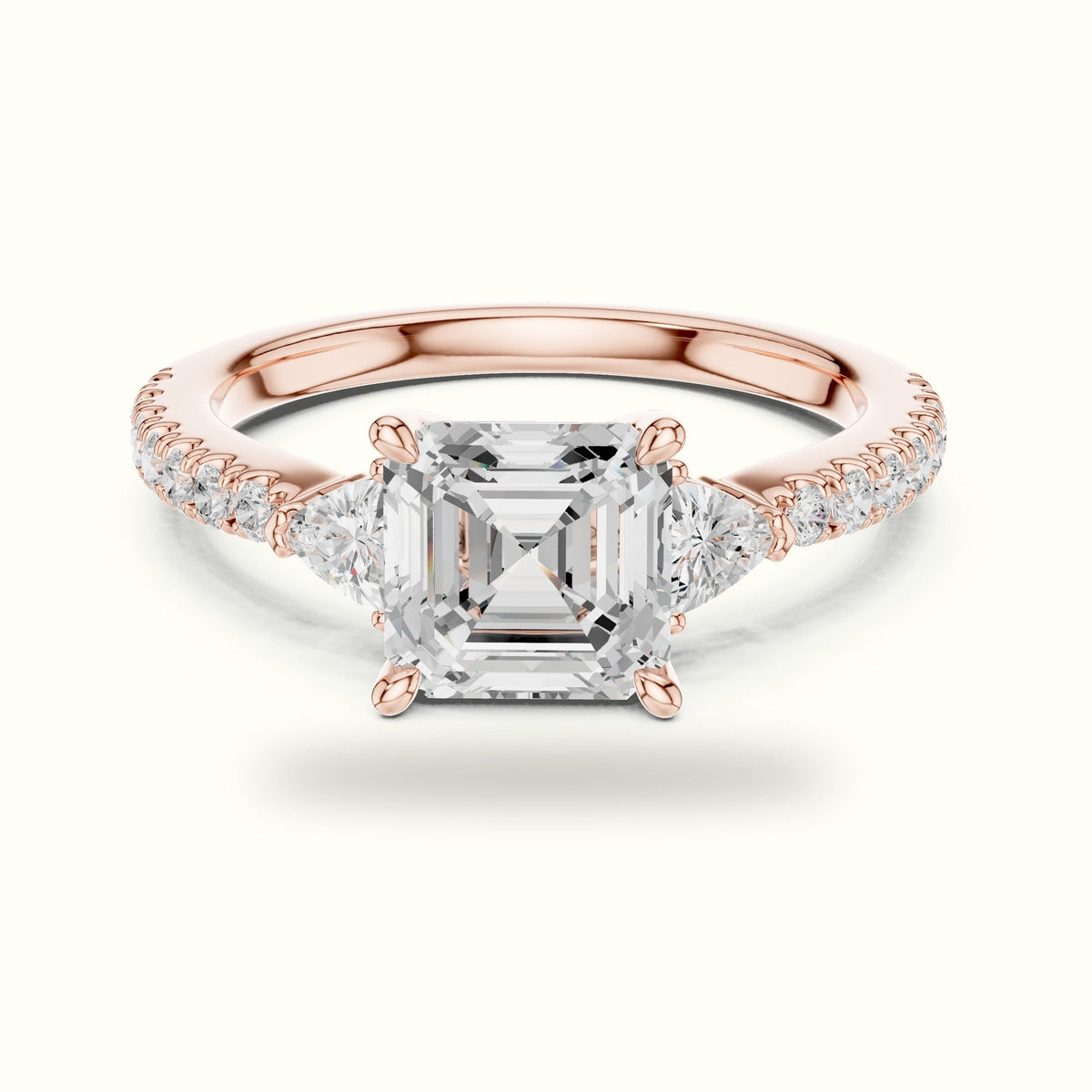 Asscher Cut Basket Lab-Grown Diamond Three Stone Ring — Rose gold, front view | Crystal N Cuts