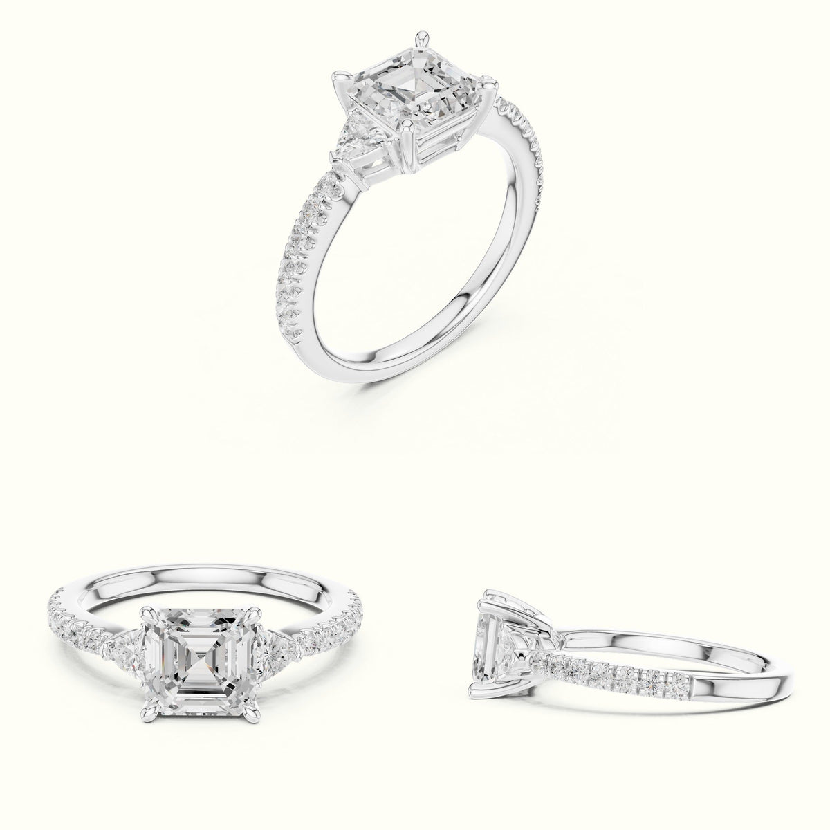 Asscher Cut Basket Lab-Grown Diamond Three Stone Ring — White gold, on the hand | Crystal N Cuts