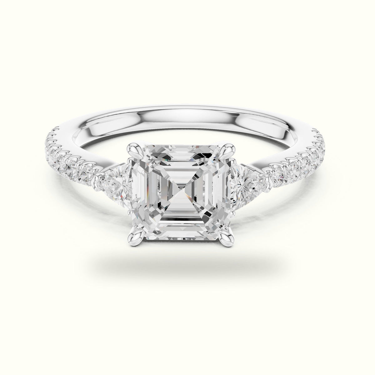 Asscher Cut Basket Lab-Grown Diamond Three Stone Ring — White gold, front view | Crystal N Cuts