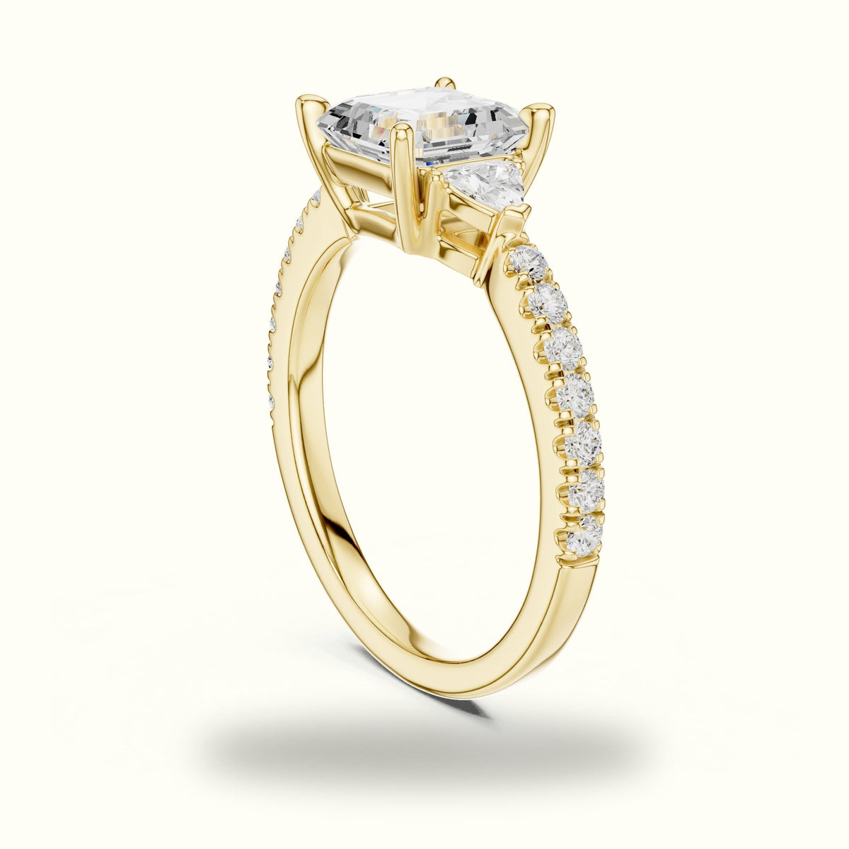 Asscher Cut Basket Lab-Grown Diamond Three Stone Ring — Yellow gold, view 1 | Crystal N Cuts