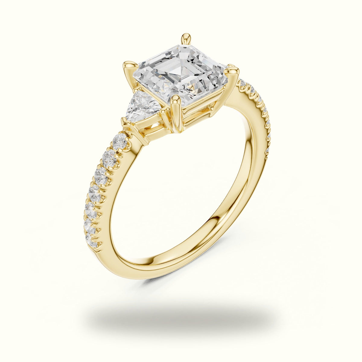 Asscher Cut Basket Lab-Grown Diamond Three Stone Ring — Yellow gold, view 2 | Crystal N Cuts