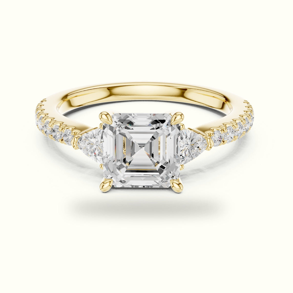 Asscher Cut Basket Lab-Grown Diamond Three Stone Ring — Yellow gold, front view | Crystal N Cuts