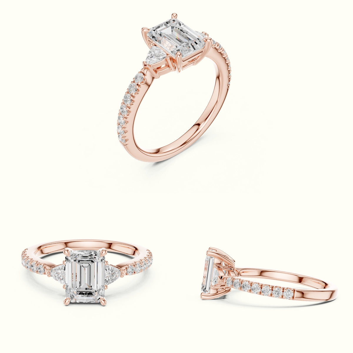 Emerald Basket Lab-Grown Diamond Three Stone Ring — Rose gold, on the hand | Crystal N Cuts