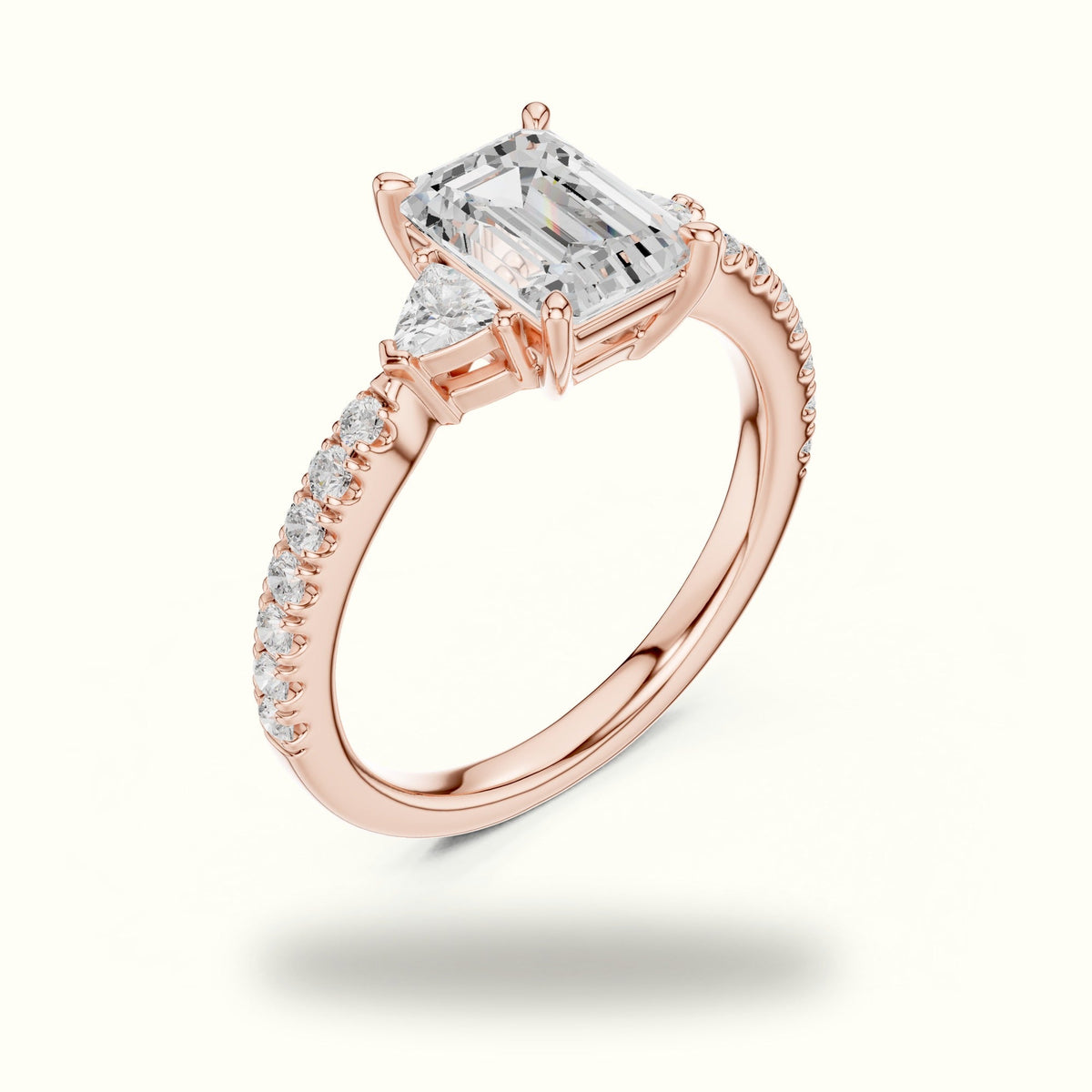 Emerald Basket Lab-Grown Diamond Three Stone Ring — Rose gold, view 2 | Crystal N Cuts
