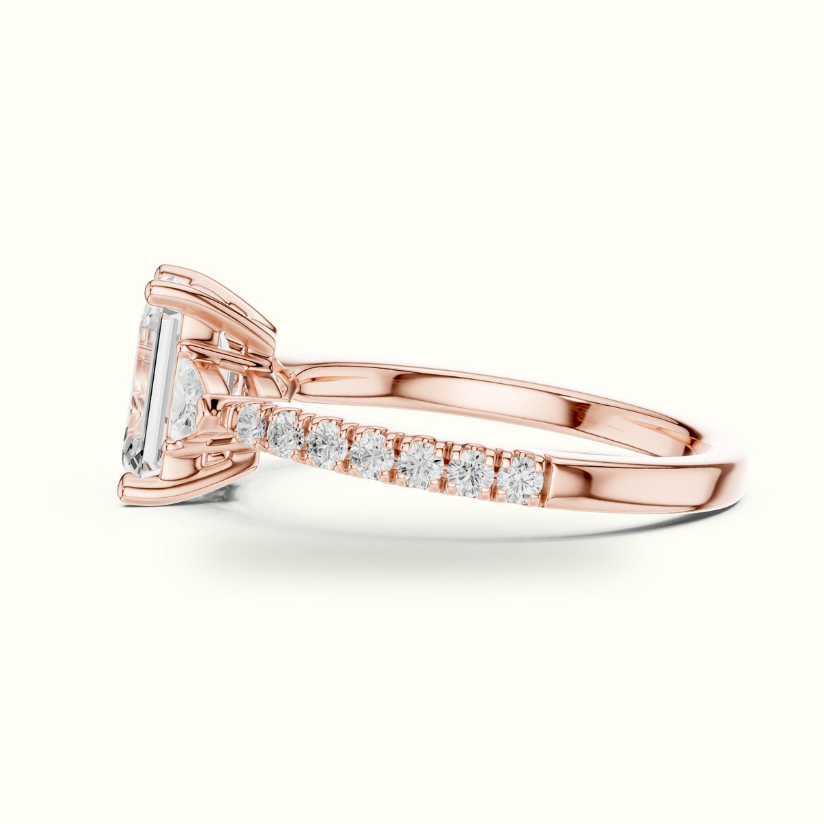 Emerald Basket Lab-Grown Diamond Three Stone Ring — Rose gold, view 3 | Crystal N Cuts