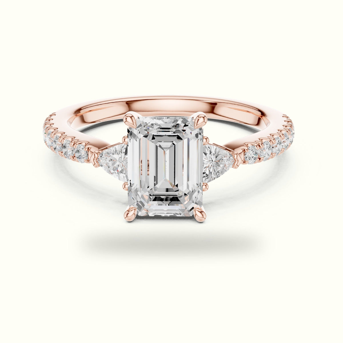 Emerald Basket Lab-Grown Diamond Three Stone Ring — Rose gold, front view | Crystal N Cuts