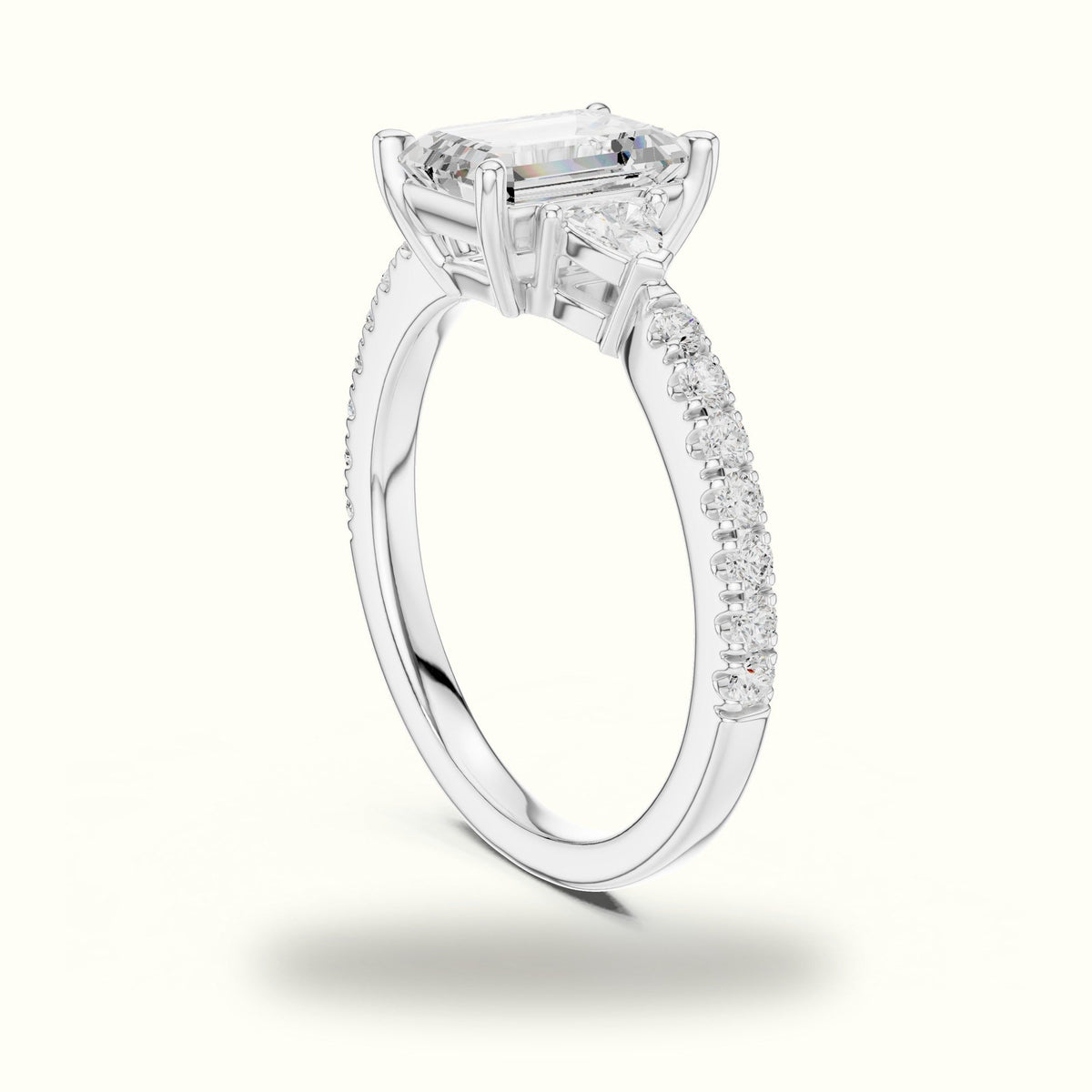 Emerald Basket Lab-Grown Diamond Three Stone Ring — White gold, view 1 | Crystal N Cuts