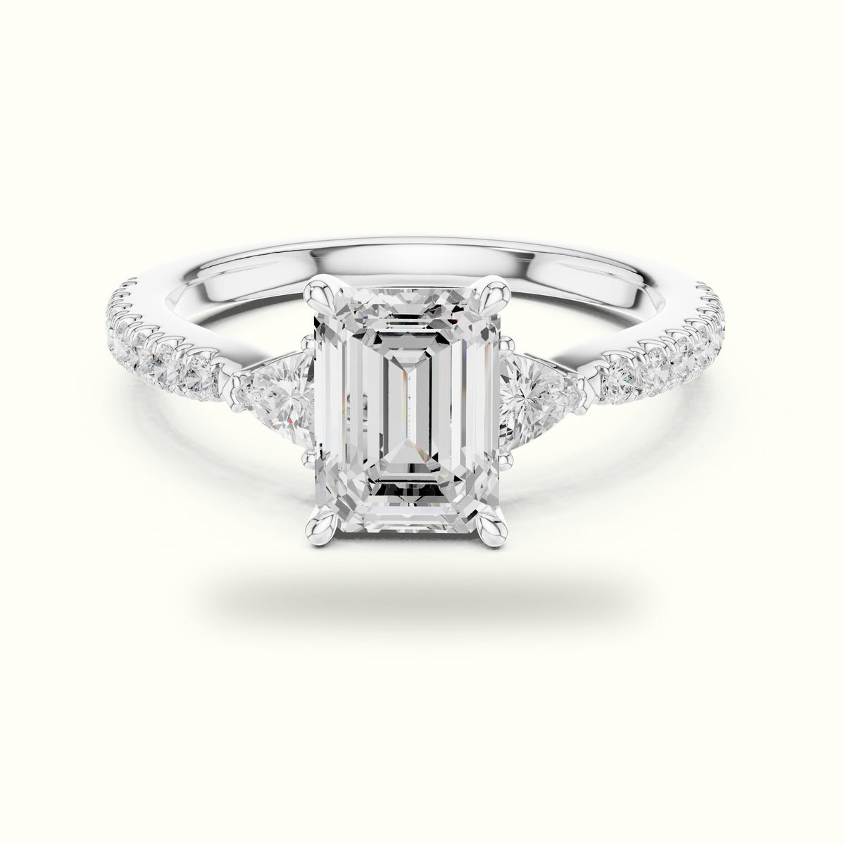 Emerald Basket Lab-Grown Diamond Three Stone Ring — White gold, front view | Crystal N Cuts