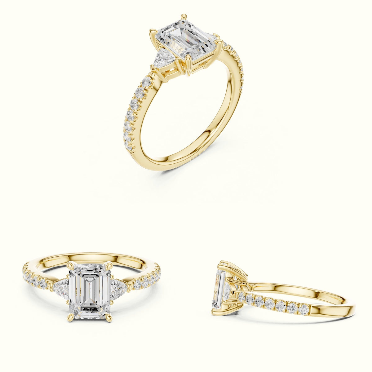 Emerald Basket Lab-Grown Diamond Three Stone Ring — Yellow gold, on the hand | Crystal N Cuts