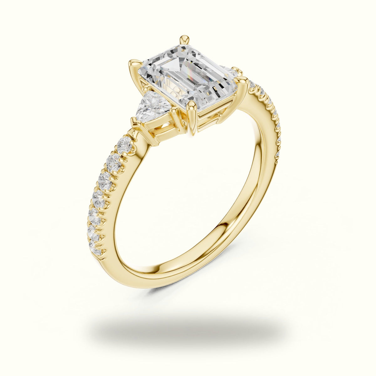 Emerald Basket Lab-Grown Diamond Three Stone Ring — Yellow gold, view 2 | Crystal N Cuts