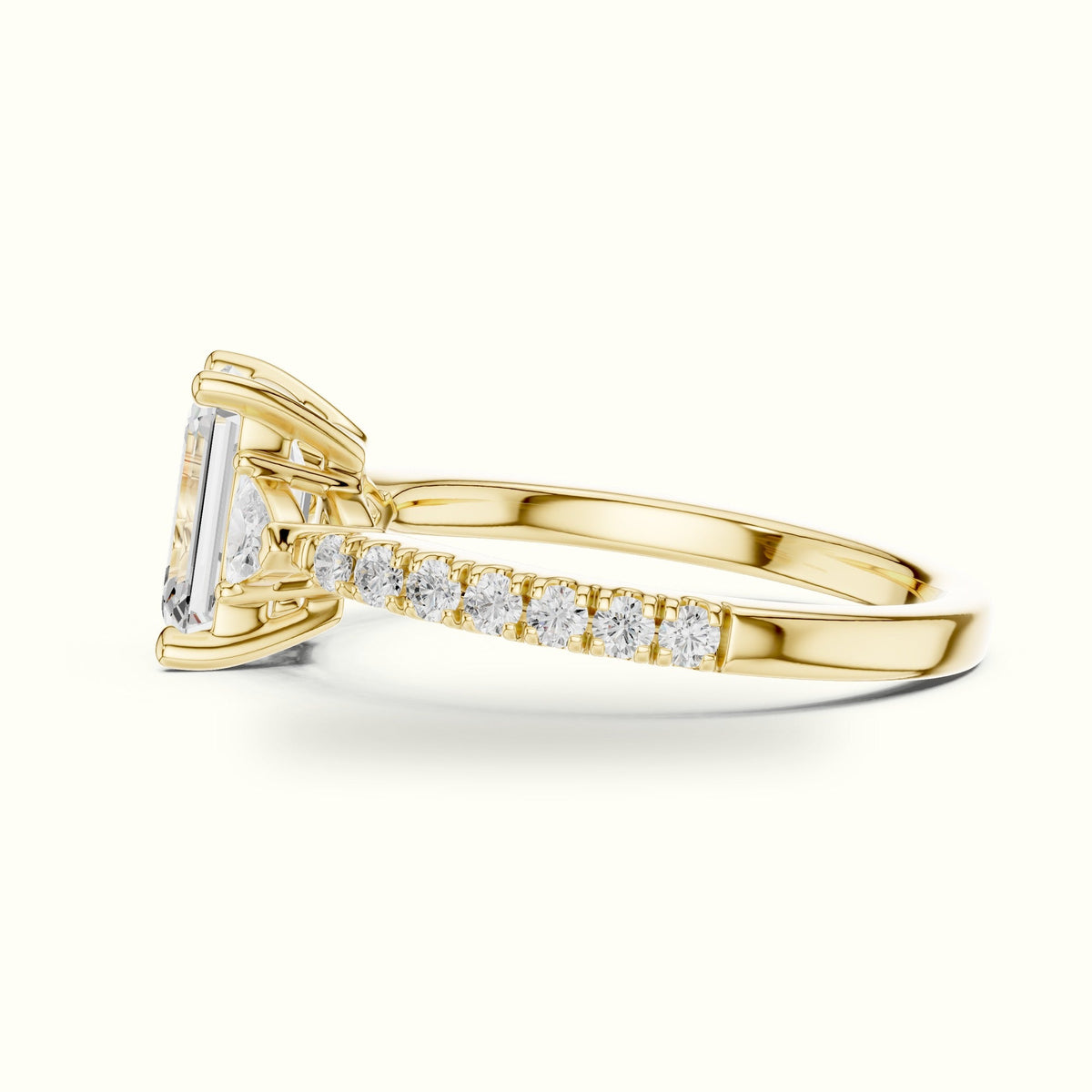 Emerald Basket Lab-Grown Diamond Three Stone Ring — Yellow gold, view 3 | Crystal N Cuts
