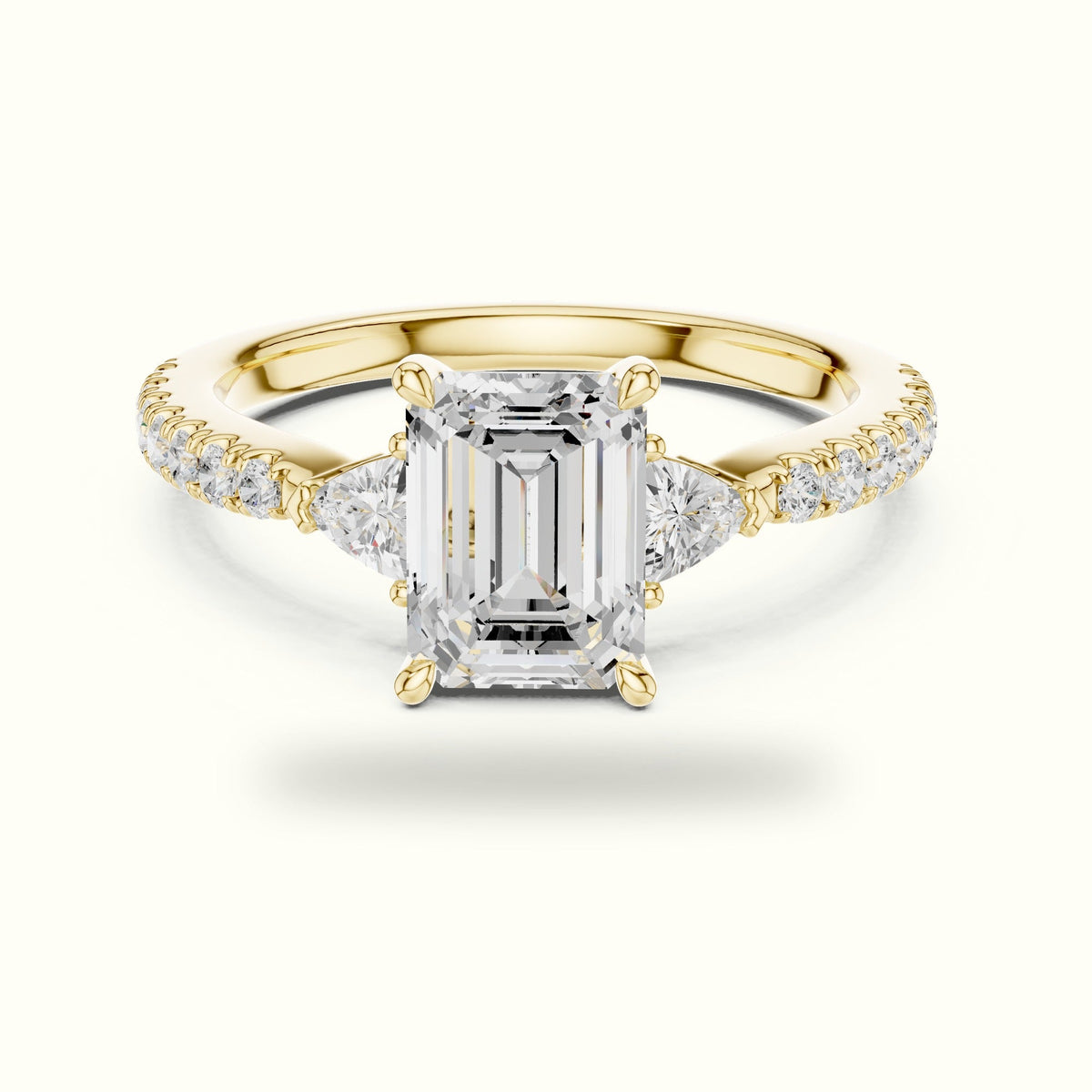 Emerald Basket Lab-Grown Diamond Three Stone Ring — Yellow gold, front view | Crystal N Cuts