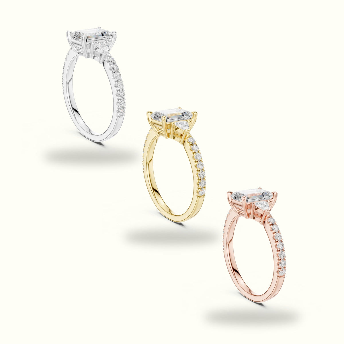 Emerald Basket Lab-Grown Diamond Three Stone Ring — White gold, in yellow, white and rose gold | Crystal N Cuts