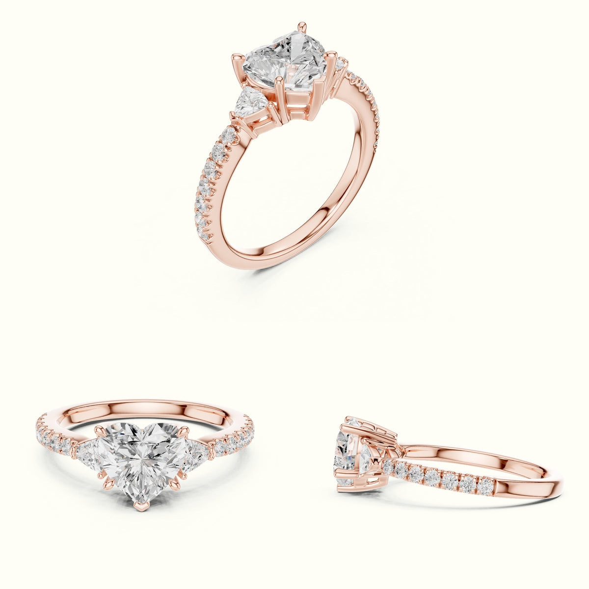 Heart Basket Lab-Grown Diamond Three Stone Ring — Rose gold, on the hand | Crystal N Cuts