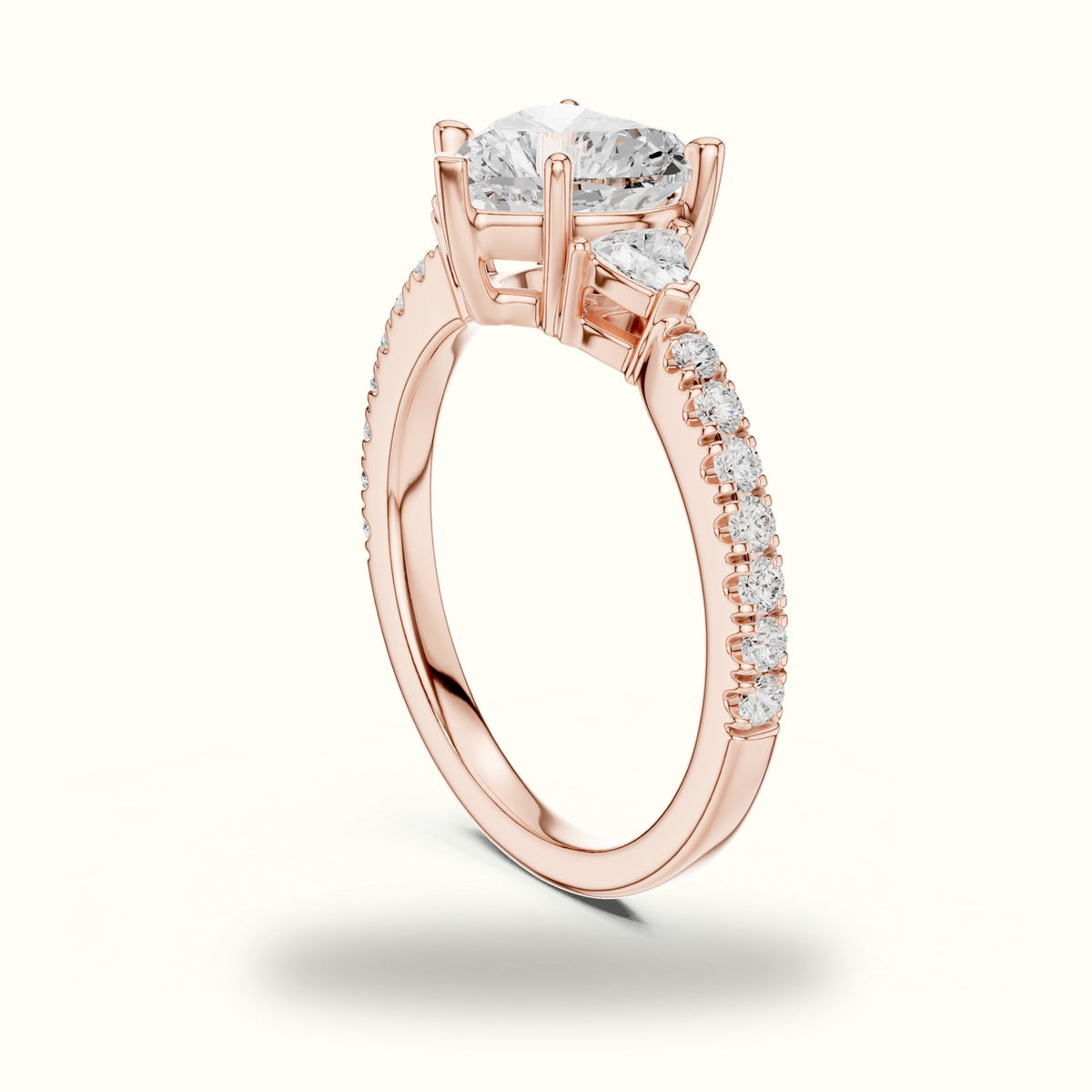 Heart Basket Lab-Grown Diamond Three Stone Ring — Rose gold, view 1 | Crystal N Cuts