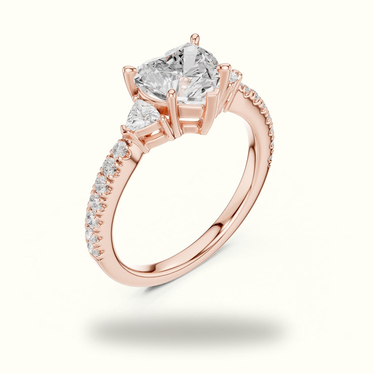 Heart Basket Lab-Grown Diamond Three Stone Ring — Rose gold, view 2 | Crystal N Cuts