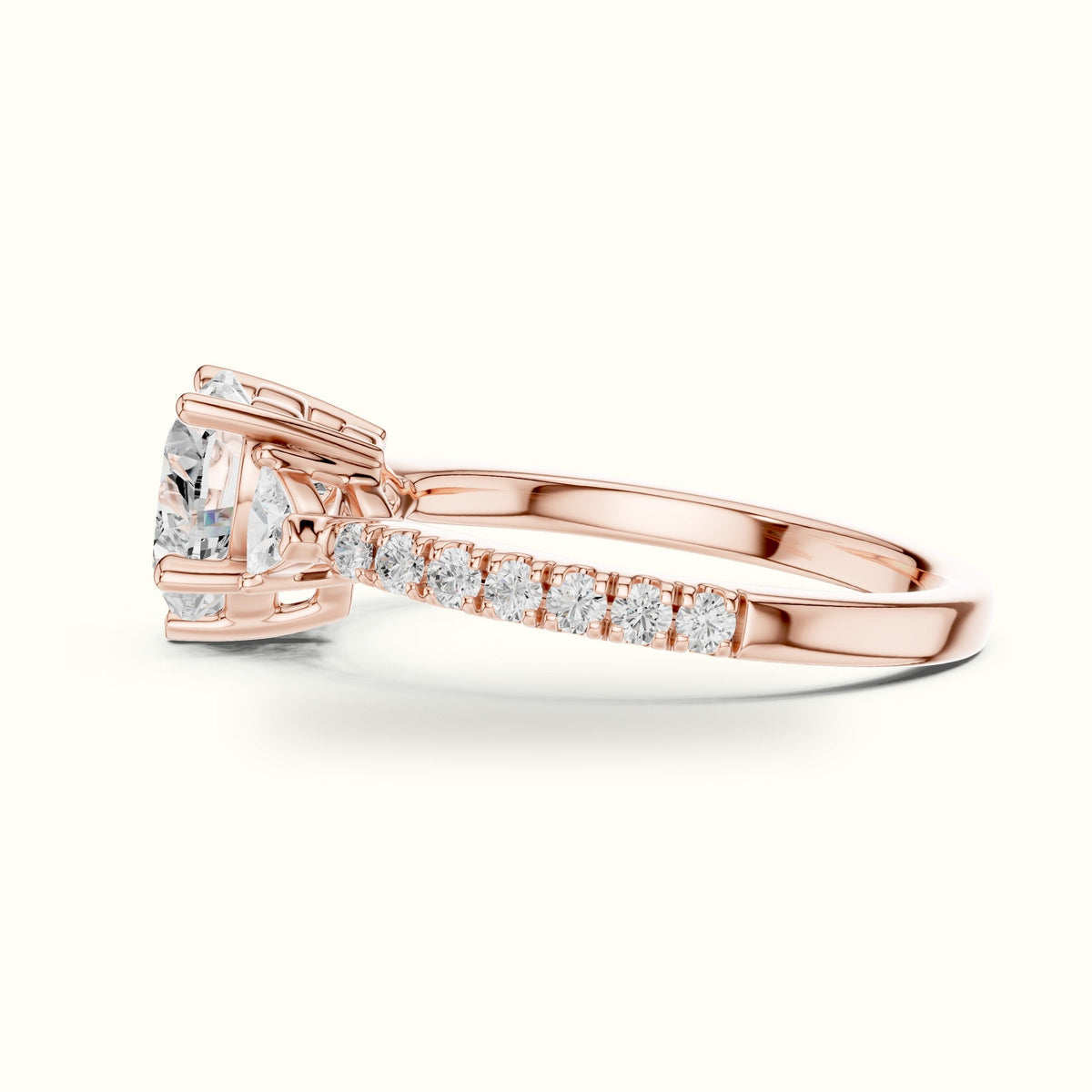 Heart Basket Lab-Grown Diamond Three Stone Ring — Rose gold, view 3 | Crystal N Cuts