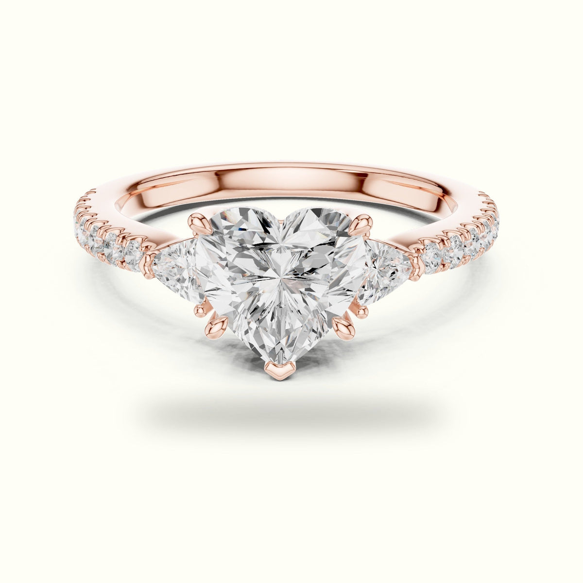 Heart Basket Lab-Grown Diamond Three Stone Ring — Rose gold, front view | Crystal N Cuts
