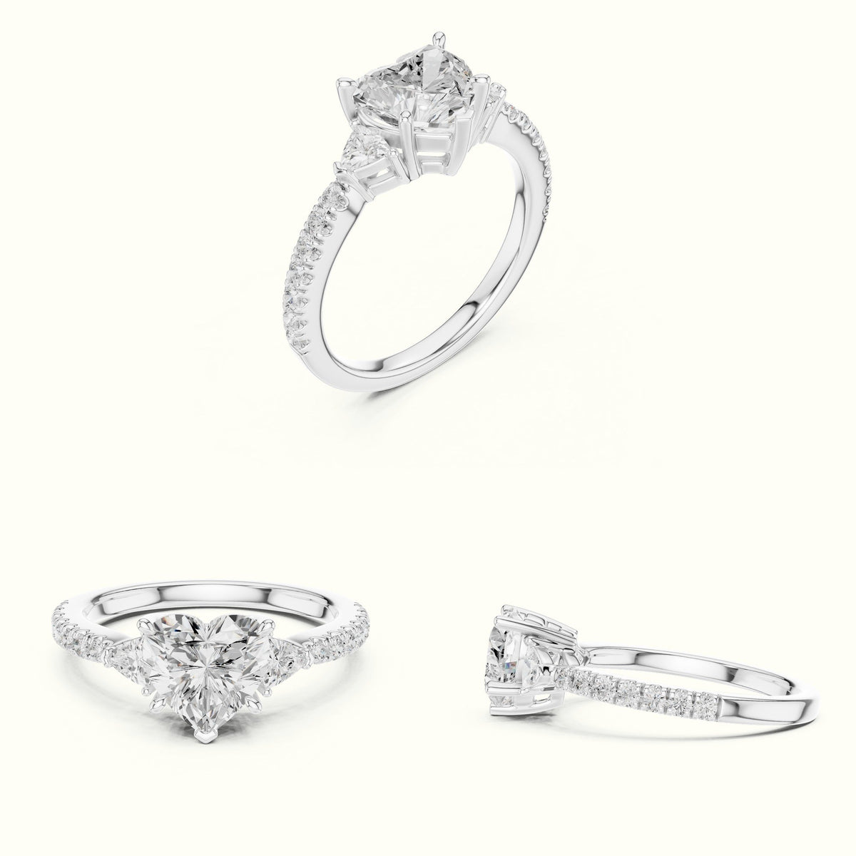 Heart Basket Lab-Grown Diamond Three Stone Ring — White gold, on the hand | Crystal N Cuts