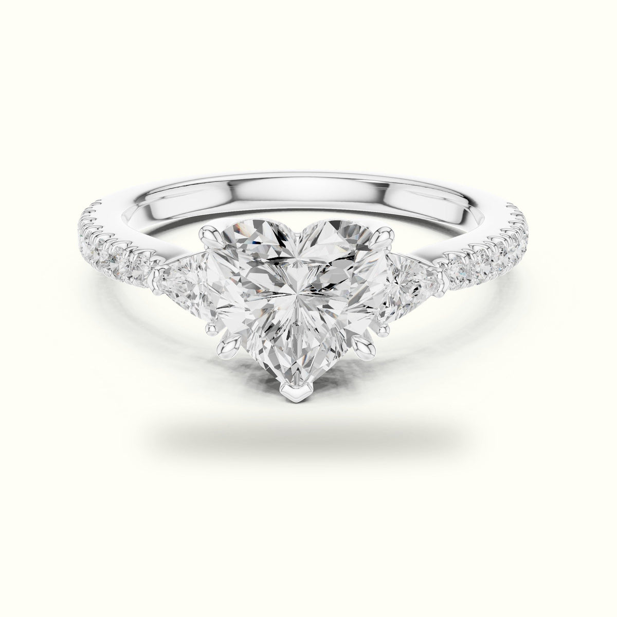 Heart Basket Lab-Grown Diamond Three Stone Ring — White gold, front view | Crystal N Cuts