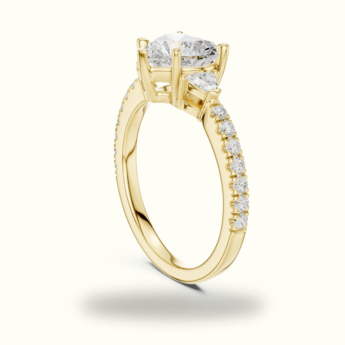 Heart Basket Lab-Grown Diamond Three Stone Ring — Yellow gold, view 1 | Crystal N Cuts