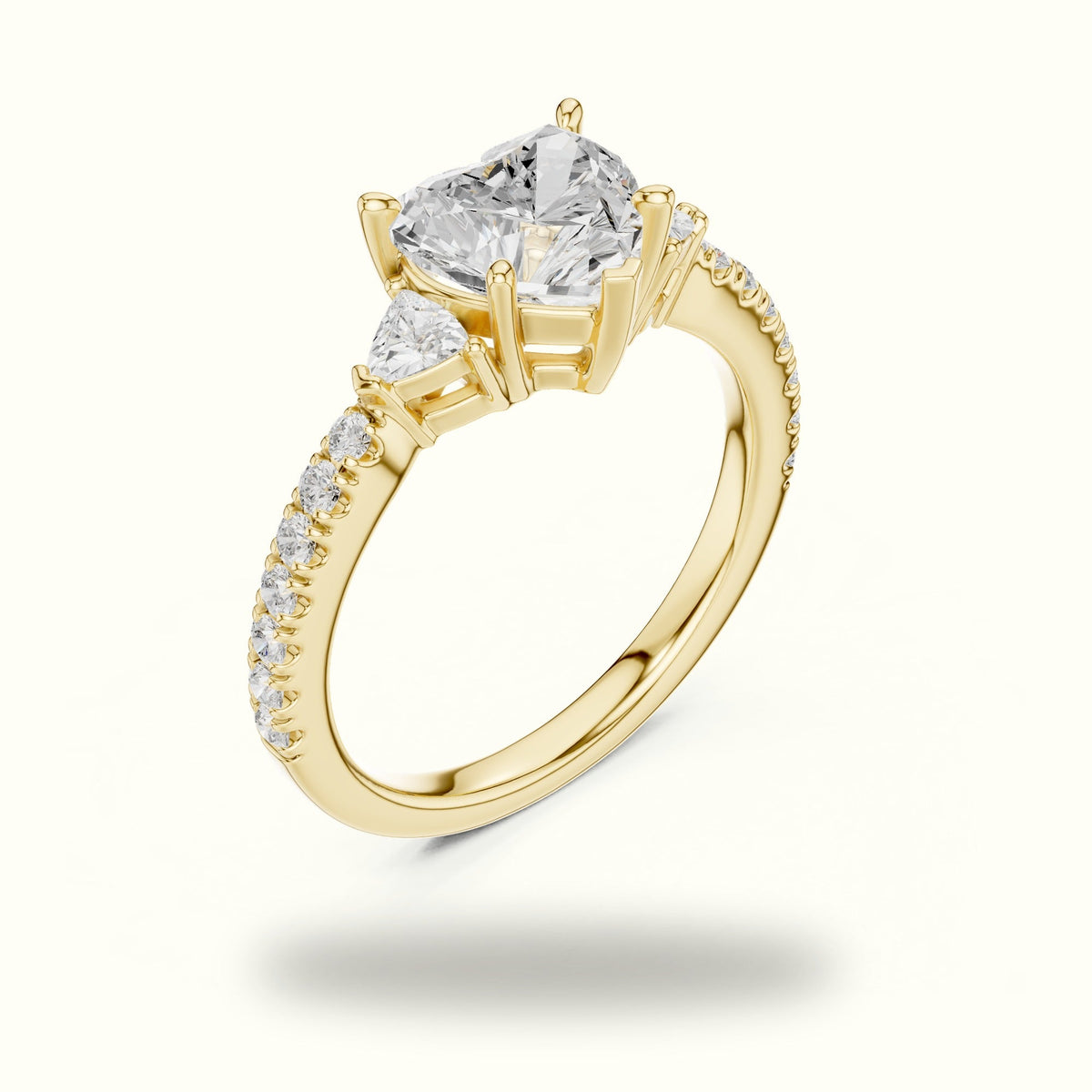 Heart Basket Lab-Grown Diamond Three Stone Ring — Yellow gold, view 2 | Crystal N Cuts