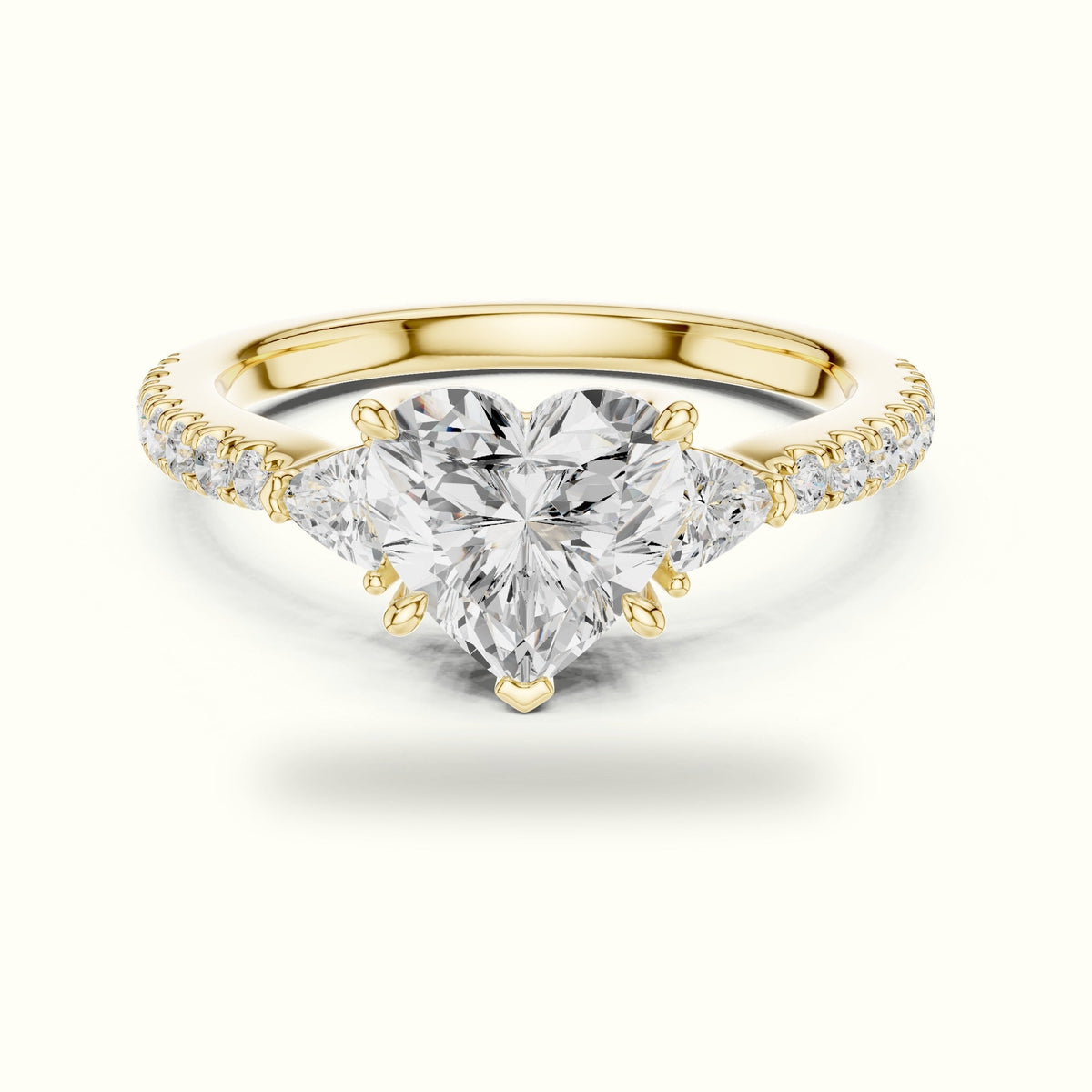 Heart Basket Lab-Grown Diamond Three Stone Ring — Yellow gold, front view | Crystal N Cuts