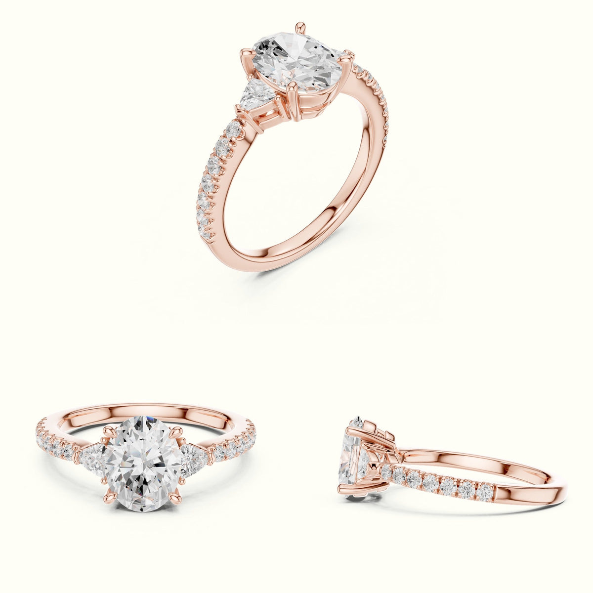 Oval Three-Stone Lab-Grown Diamond Ring — Rose gold, on the hand | Crystal N Cuts