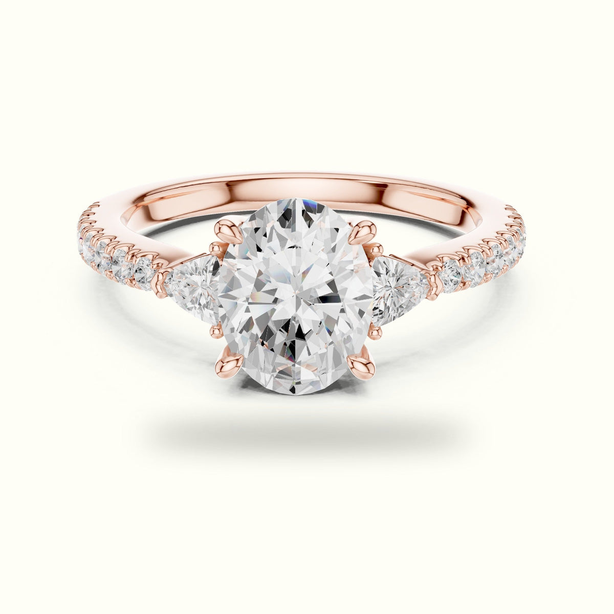 Oval Three-Stone Lab-Grown Diamond Ring — Rose gold, front view | Crystal N Cuts
