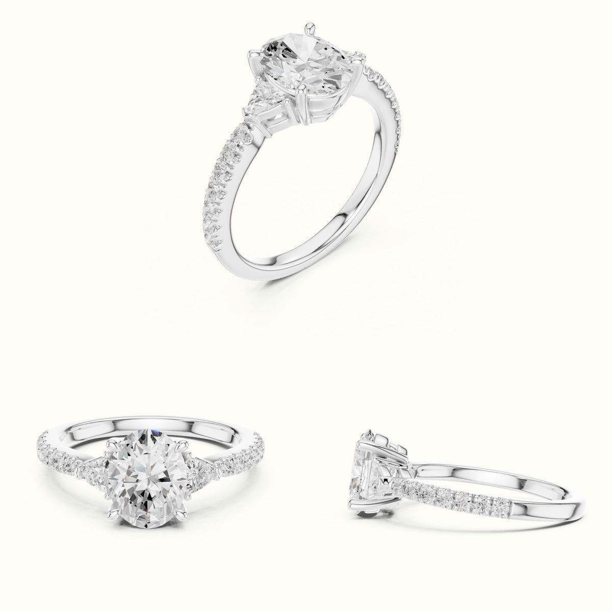 Oval Three-Stone Lab-Grown Diamond Ring — White gold, on the hand | Crystal N Cuts