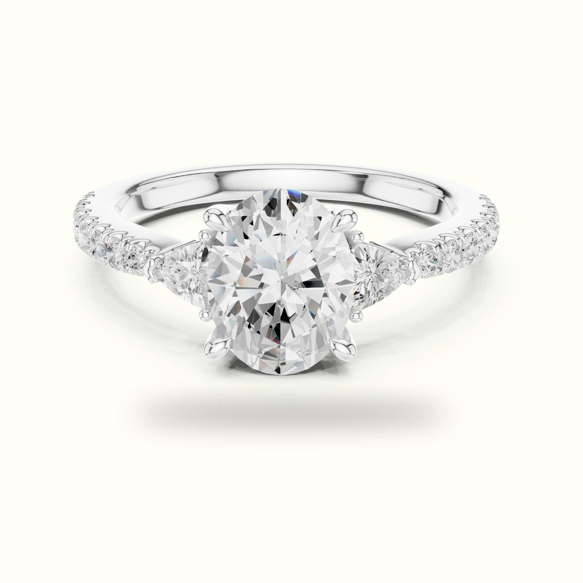 Oval Three-Stone Lab-Grown Diamond Ring — White gold, front view | Crystal N Cuts