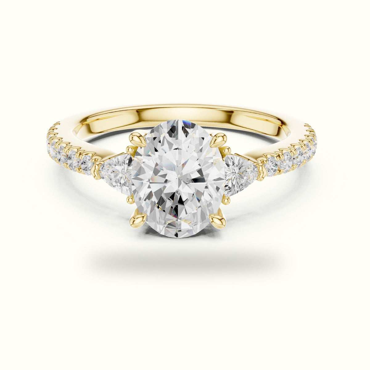 Oval Three-Stone Lab-Grown Diamond Ring — Yellow gold, front view | Crystal N Cuts