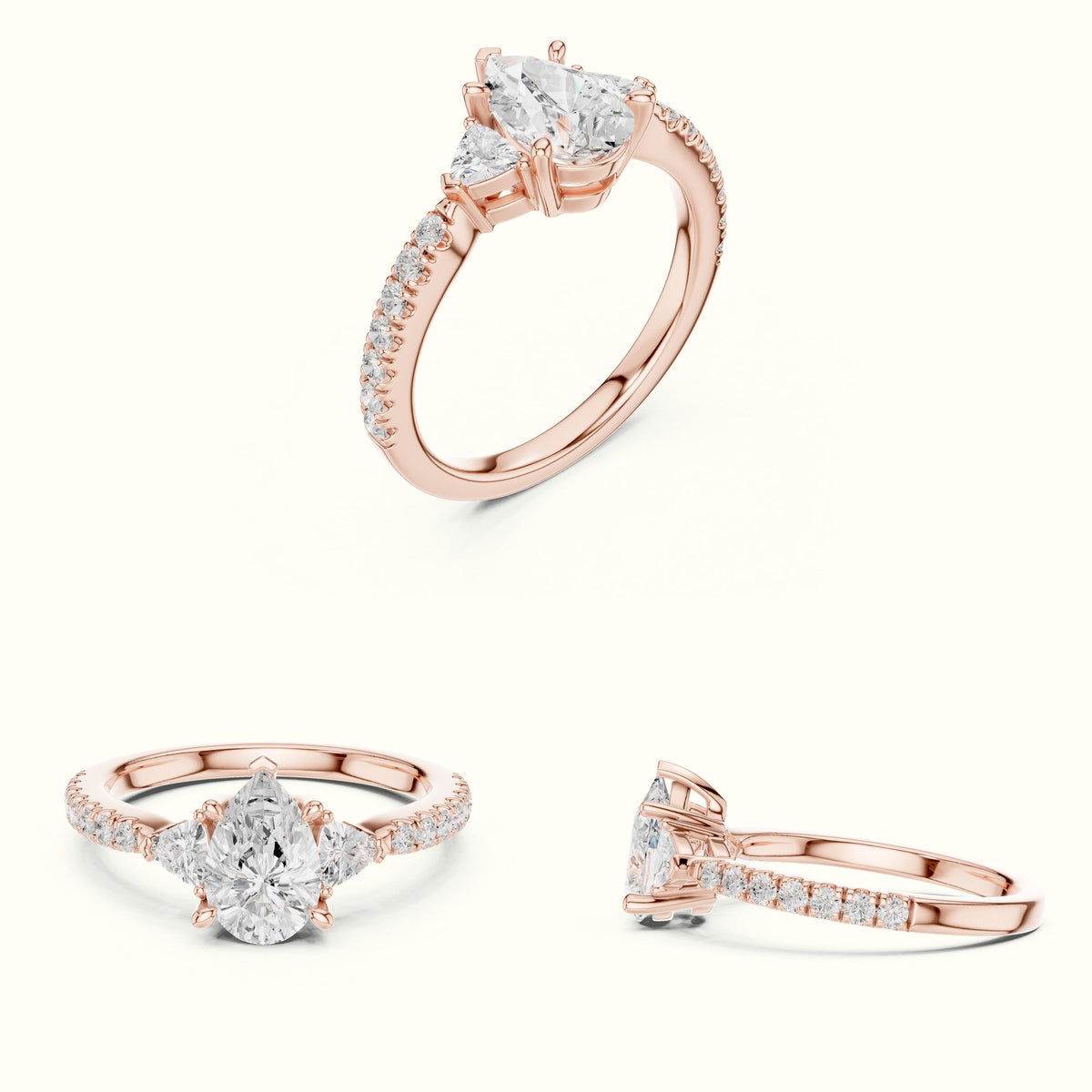Pear Three-Stone with Accent Band Lab-Grown Diamond Ring — Rose gold, on the hand | Crystal N Cuts