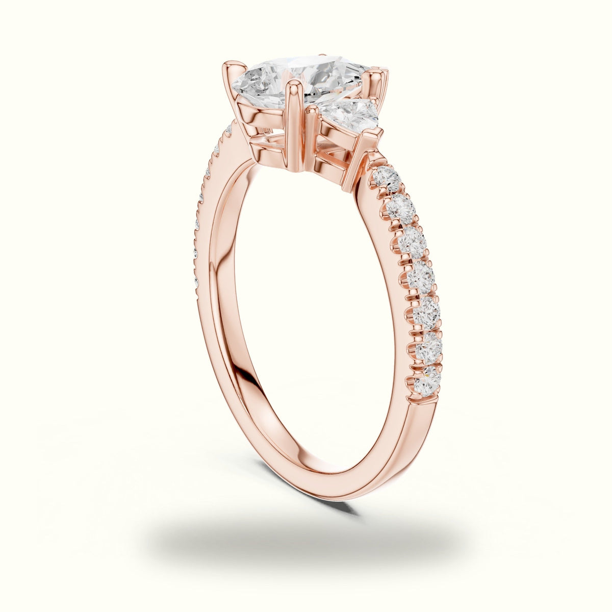 Pear Three-Stone with Accent Band Lab-Grown Diamond Ring — Rose gold, view 1 | Crystal N Cuts