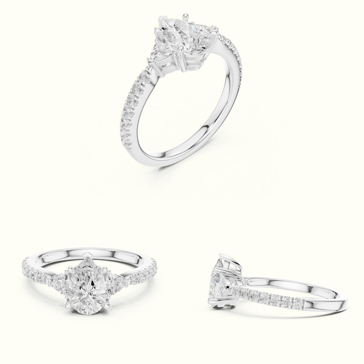 Pear Three-Stone with Accent Band Lab-Grown Diamond Ring — White gold, on the hand | Crystal N Cuts